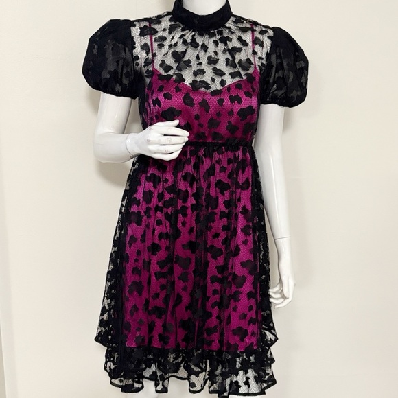 AMUR A Mindful Use of Resources Black Lace Mini Babydoll Dress w Fuchsia Slip